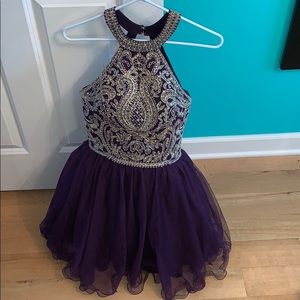 Plum Short Homecoming Dress with Gold Embroidery